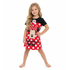 Young girl wearing a Minnie Mouse dress with a black top and red skirt on a white background