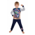 Child wearing superhero-themed pajamas on a white background