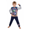 Child wearing superhero-themed pajamas on a white background