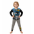 Child wearing Batman-themed pajamas on a white background