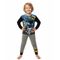 Child wearing Batman-themed pajamas on a white background