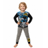Child wearing Batman-themed pajamas on a white background