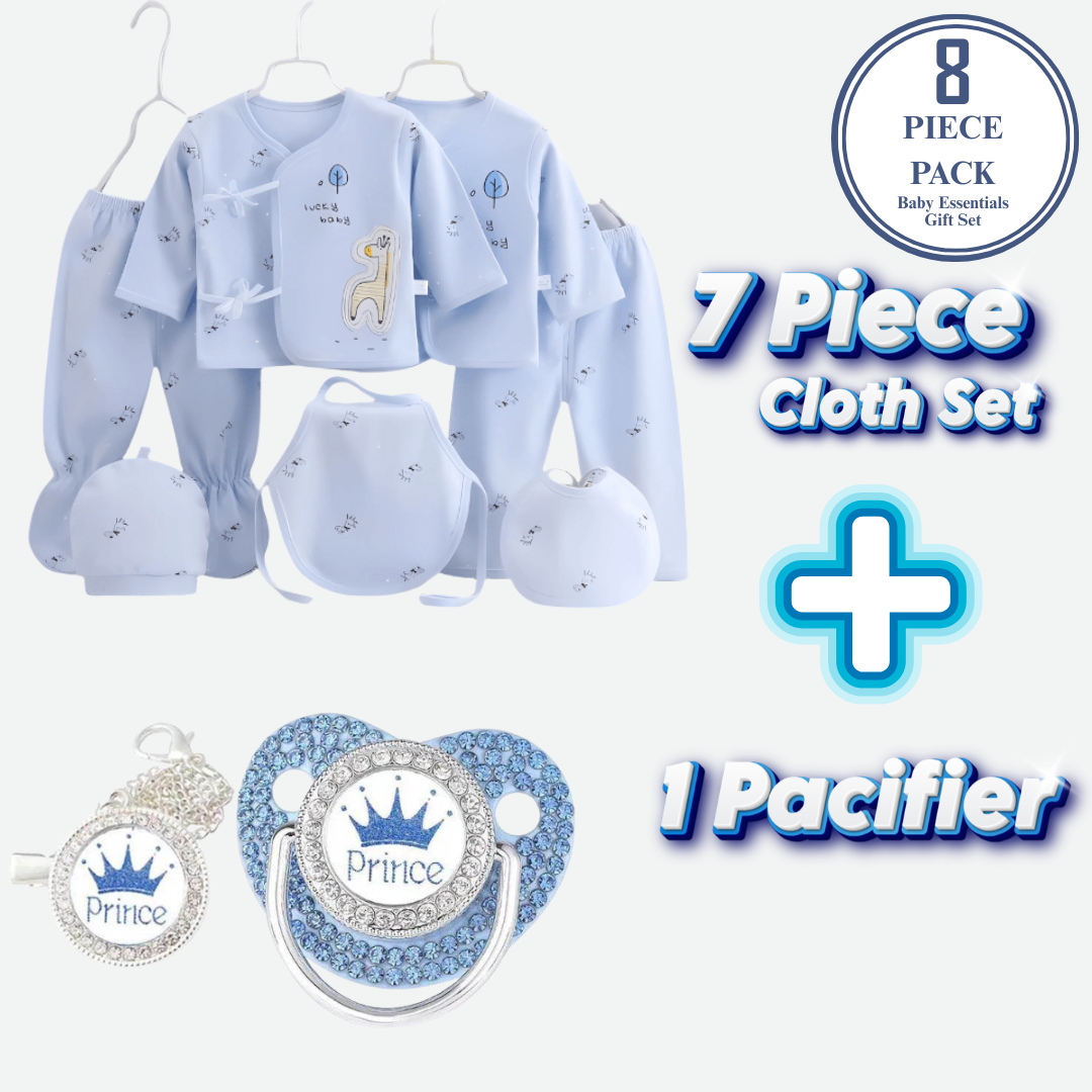 Baby clothing set with pacifier on a white background