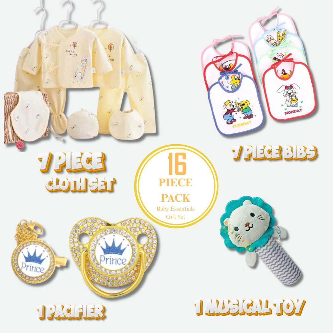 Baby clothing set with bibs, pacifier, and toy on a white background