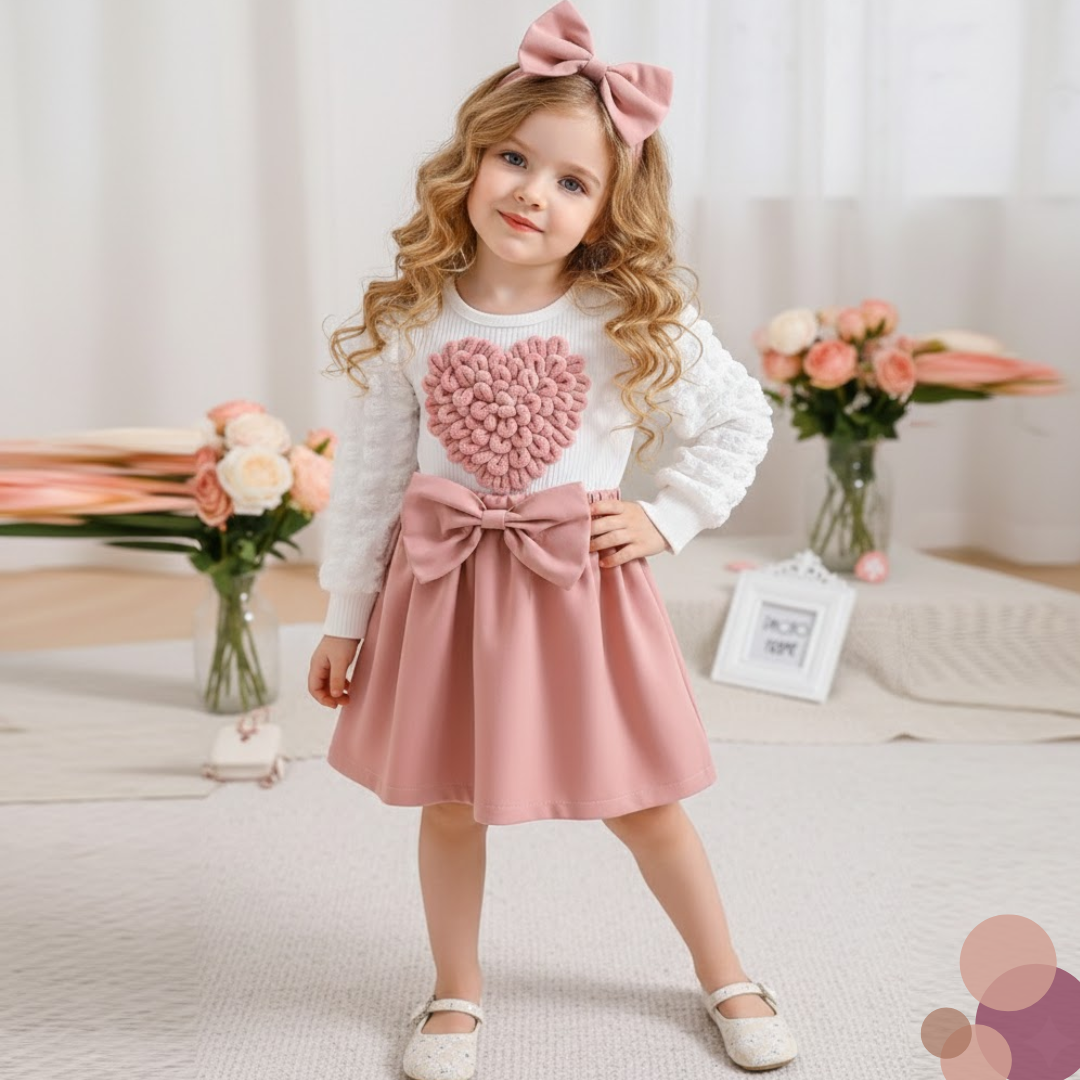 Young girl in a pink and white dress with a heart design, standing in a softly lit room with flowers.