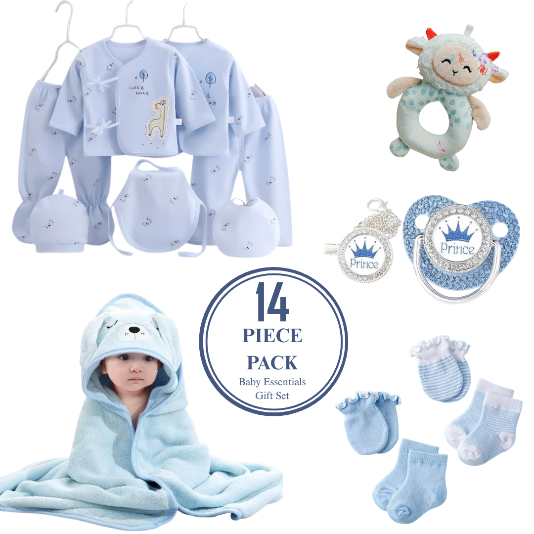 14-piece baby essentials gift set with blue baby clothes, toys, and accessories on a white background.