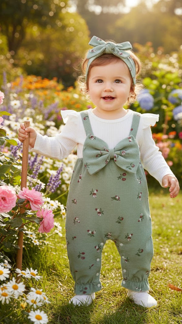 Baby in a green outfit with a bow standing in a garden