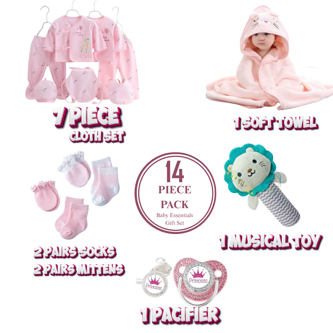 Baby essentials gift set with pink clothing, towel, socks, mittens, toy, and pacifier on a white background.