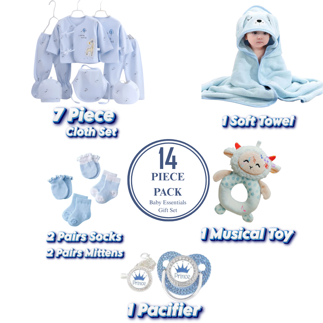 Baby gift set with clothing, soft towel, socks, mittens, pacifier, and musical toy on a white background.