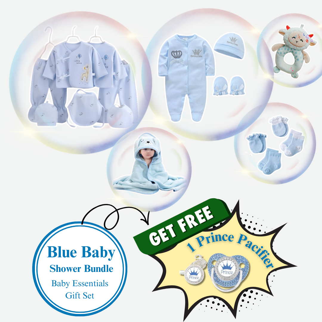 Baby shower bundle with blue baby clothes and accessories, including a pacifier, on a white background.