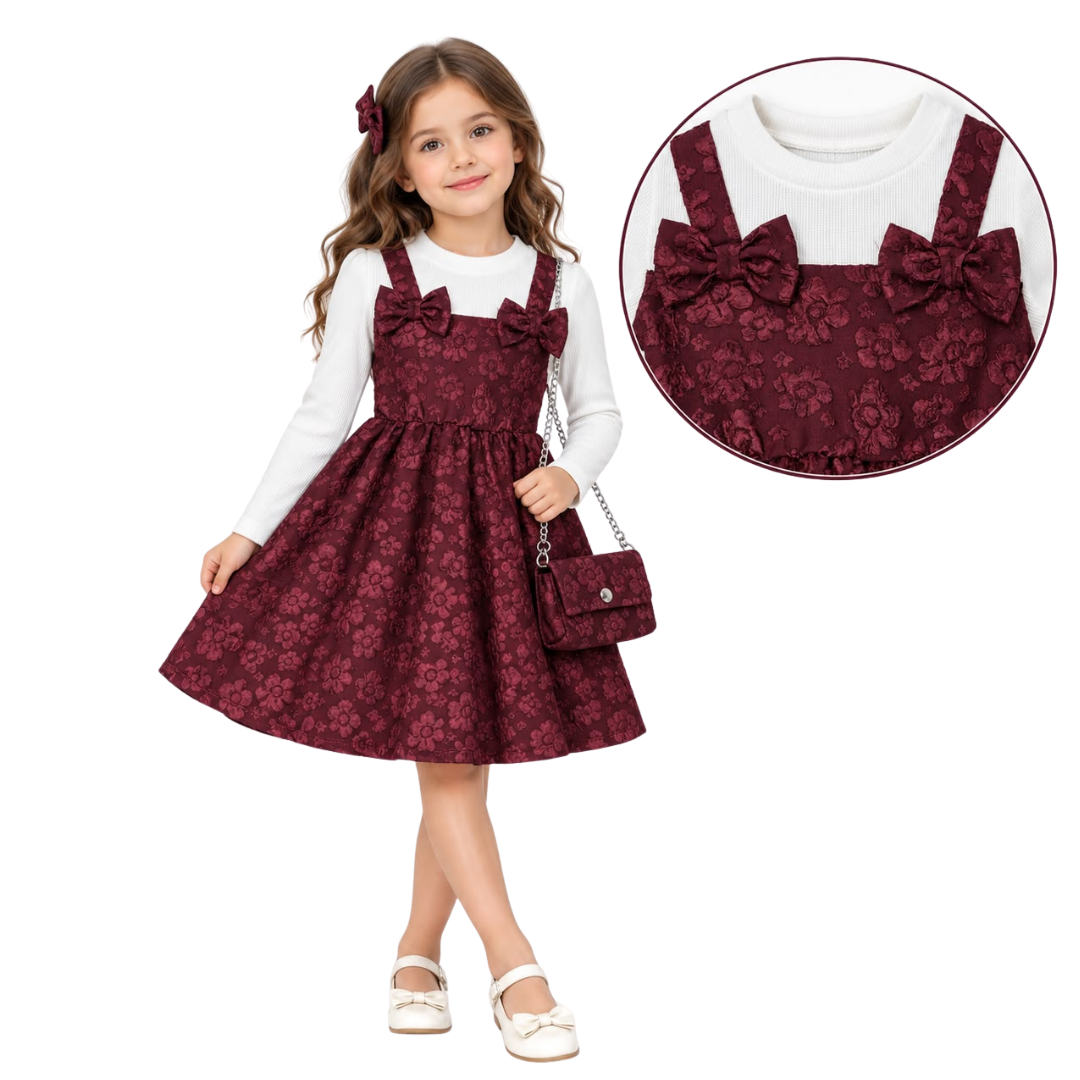 A young girl models a two-piece outfit consisting of a white long-sleeve top and a burgundy floral patterned pinafore dress with matching bows. She is holding a matching small handbag, and a circular inset provides a close-up of the dress bodice and bow details.