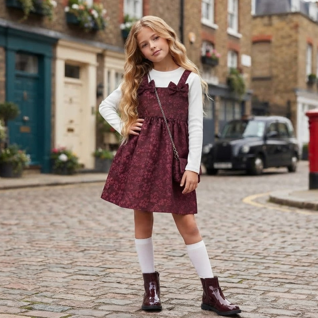 A young girl stands on a cobblestone street wearing a burgundy floral pinafore dress over a white long-sleeve top, with white knee-high socks and dark brown rain boots. A small chain-strap bag is also visible.