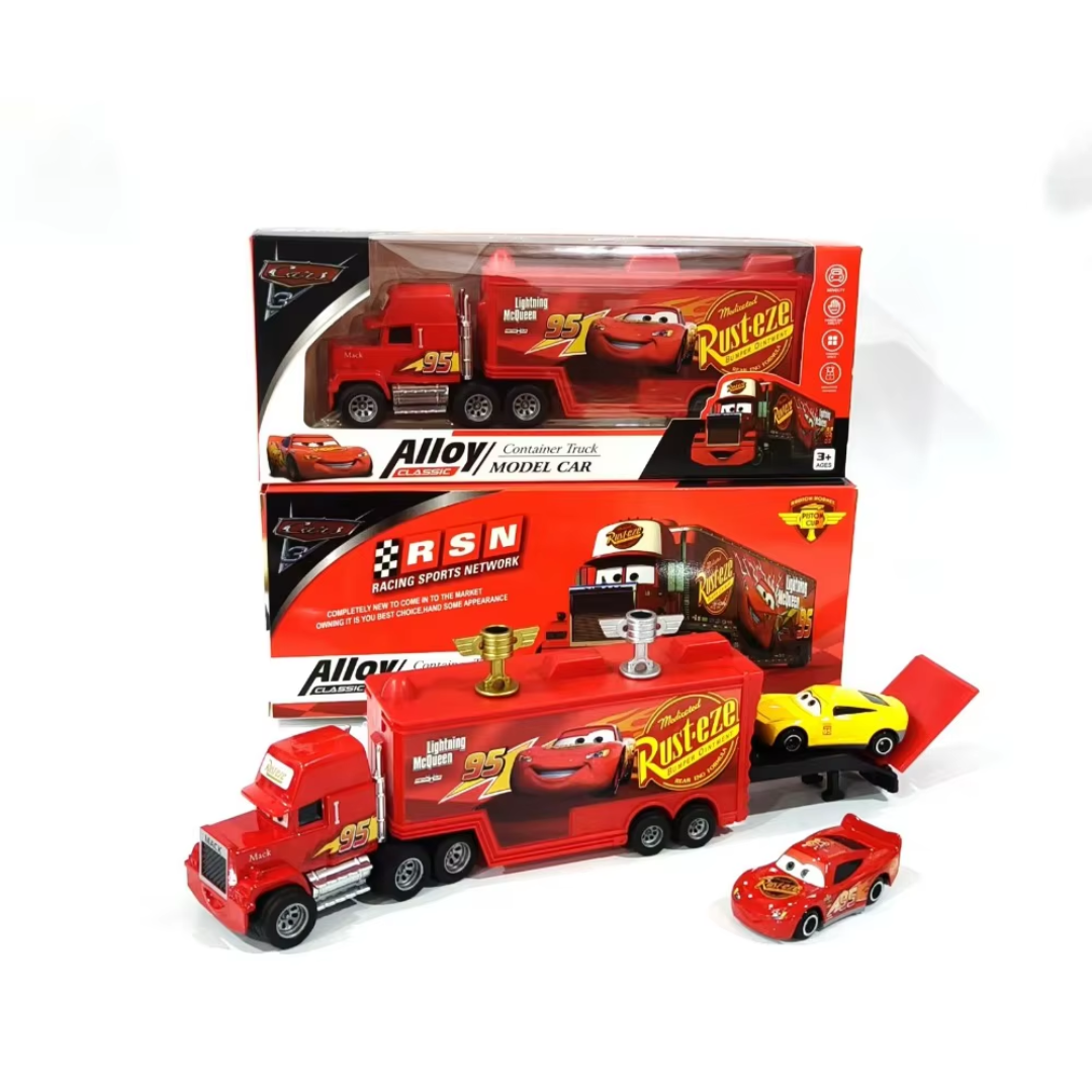 Disney Pixar Cars Alloy Compact Truck toy set, featuring a red semi-truck with a trailer carrying a yellow race car, plus a small red Lightning McQueen car and the retail packaging boxes.