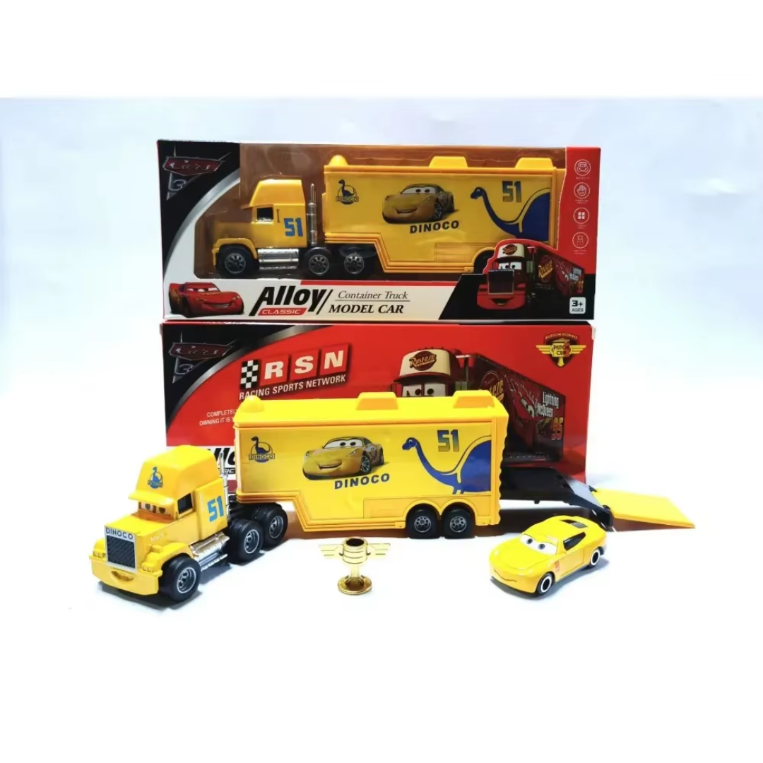 A toy model car set featuring a yellow semi-truck trailer with Dinoco branding, a small yellow race car, and two retail boxes on a white background.