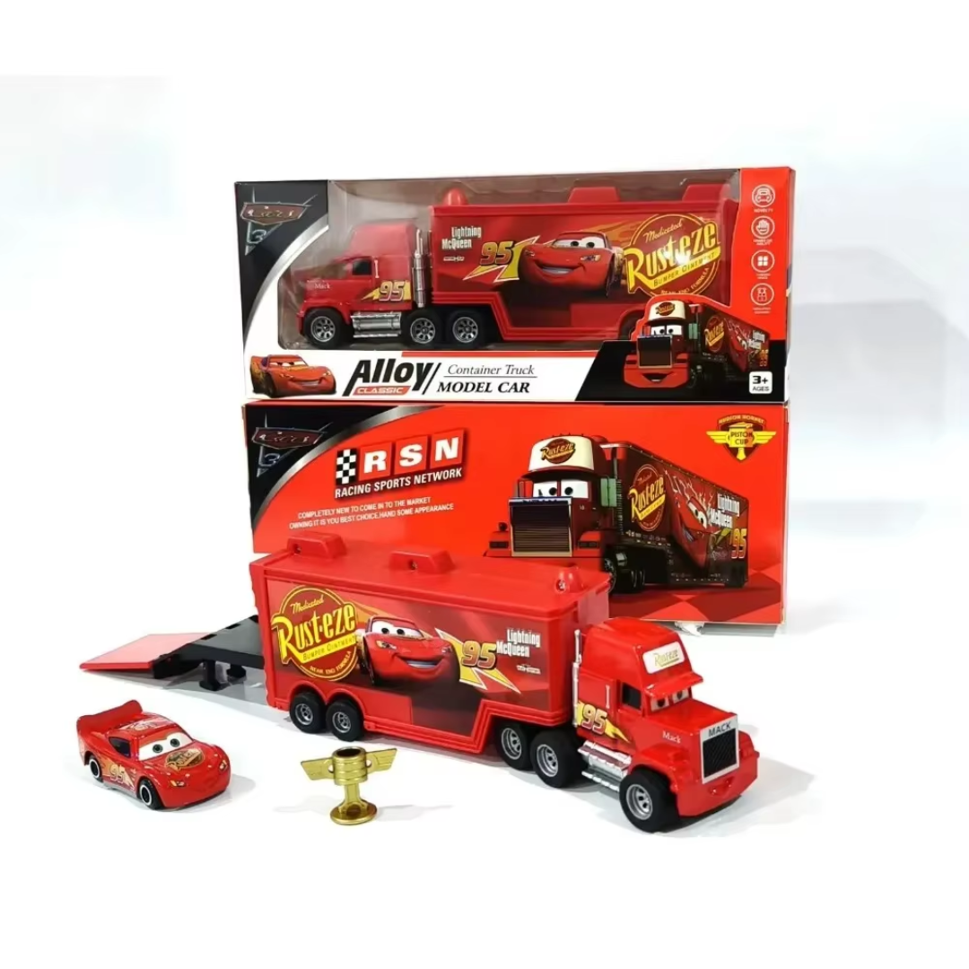 Disney Pixar Cars Alloy Container Truck model car set, featuring a red semi-truck trailer with Lightning McQueen graphics, a small red car, a gold trophy, and two retail boxes on a white background.