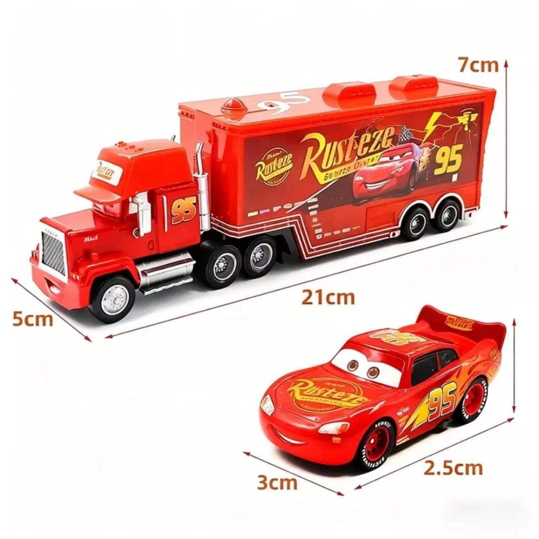 Red Lightning McQueen toy set from Cars, including a semi-truck and race car, shown with dimension labels on a white background.