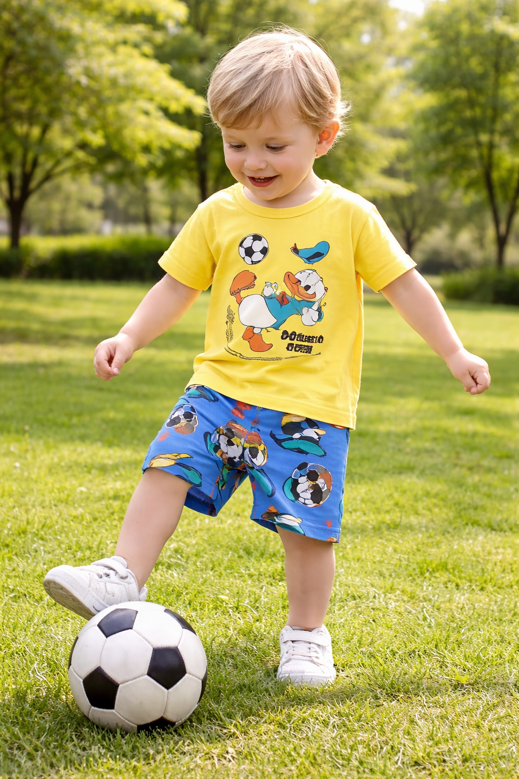 Child playing with a soccer ball on grass wearing a yellow shirt and colorful shorts.
