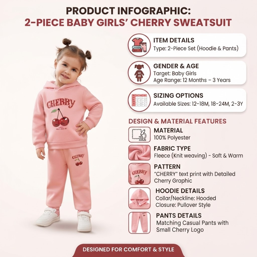 A pink 2-piece baby girl's sweatsuit with a cherry graphic, modeled by a young girl on a light pink background with product infographic text overlays detailing the item features and specifications.