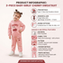 A pink 2-piece baby girl's sweatsuit with a cherry graphic, modeled by a young girl on a light pink background with product infographic text overlays detailing the item features and specifications.