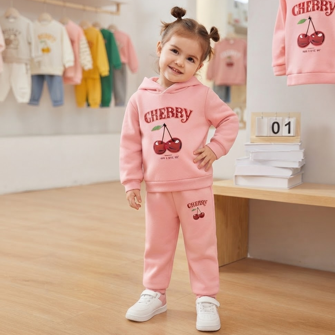 A young girl wearing a pink two-piece tracksuit with a cherry graphic on the sweatshirt and pants, standing in a children's clothing store.