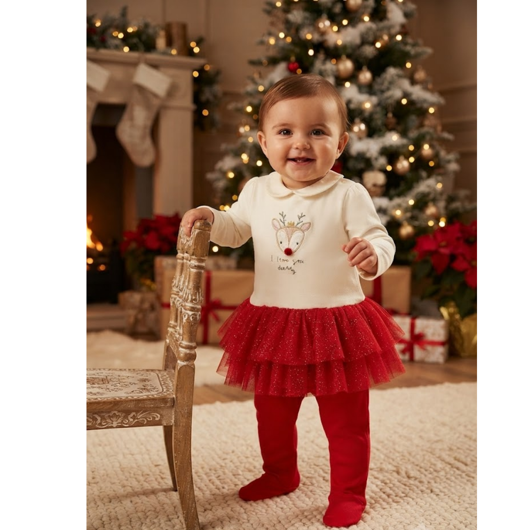 A baby toddler girl wearing a Christmas-themed outfit consisting of a cream long-sleeve top with a reindeer graphic, a red glittery tiered tutu skirt, and red booties, standing in a cozy holiday living room next to a wooden chair.