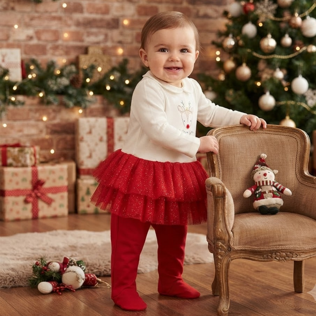 A toddler stands in a decorated holiday room wearing a white long-sleeve top with a small reindeer graphic, a red tulle tutu skirt, and red leggings. The child is posed next to a vintage-style armchair with a small snowman doll, with a Christmas tree, wrapped gifts, and a brick wall in the background.