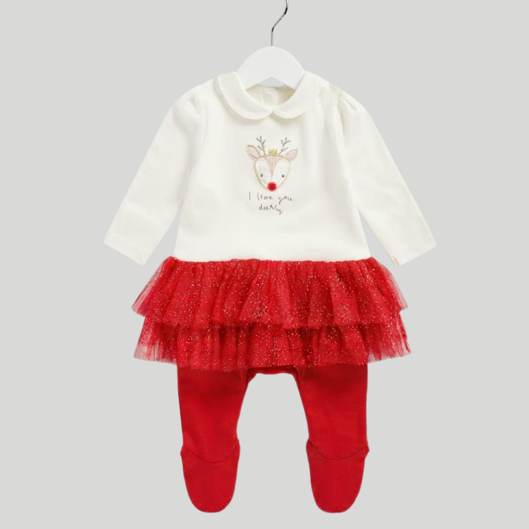 Baby footed one-piece outfit with a white long-sleeve top featuring a reindeer graphic and text, paired with a red glittery ruffled tutu and red footed leggings, shown on a hanger against a light gray background.