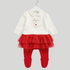 Baby footed one-piece outfit with a white long-sleeve top featuring a reindeer graphic and text, paired with a red glittery ruffled tutu and red footed leggings, shown on a hanger against a light gray background.