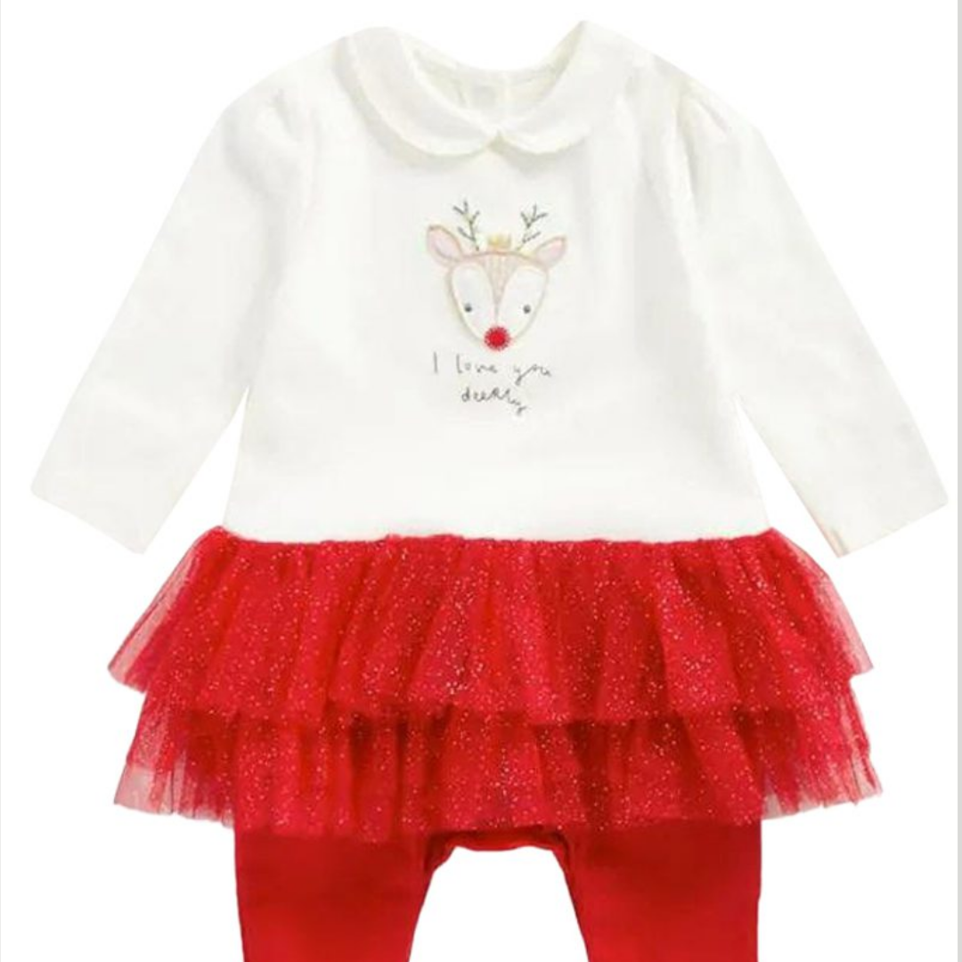 A baby girl's holiday-themed two-piece outfit featuring a white long-sleeve top with a cute embroidered reindeer and 'I love you dear' text, paired with a red glittery ruffled tutu skirt and red leggings.