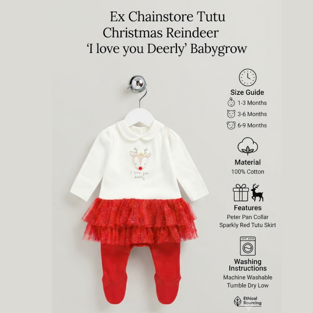 Babygrow toddler Christmas outfit featuring a white long-sleeve top with a reindeer graphic, a sparkly red tulle skirt, and red leggings, shown on a hanger with product details and sizing information.