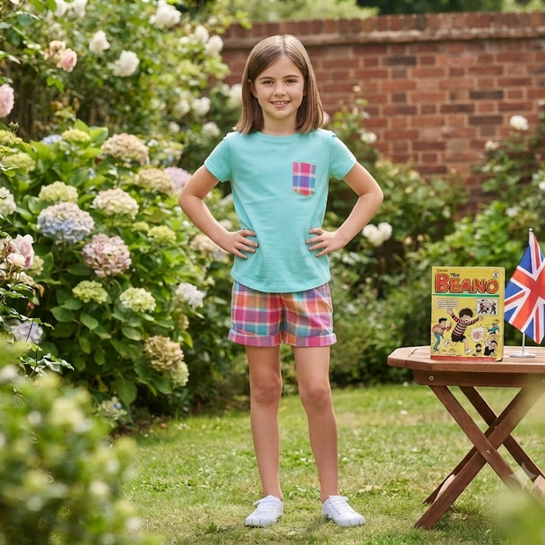 A young girl stands in a garden wearing a light blue t-shirt with a red and blue plaid chest pocket and matching plaid shorts. A small table next to her holds a 'Bean' book and a small Union Jack flag.