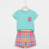 A children's two-piece outfit hanging on a wooden hanger against a plain white background. The set includes a short-sleeve turquoise T-shirt with a small plaid chest pocket and matching plaid shorts in pink, orange, blue, and white.