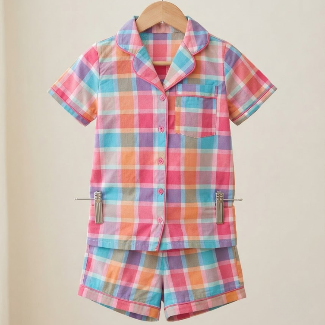 A two-piece children's pajama set featuring a short-sleeve button-front top and matching shorts in a pastel plaid pattern of pink, blue, orange, and white, hanging on a wooden hanger against a plain beige background.