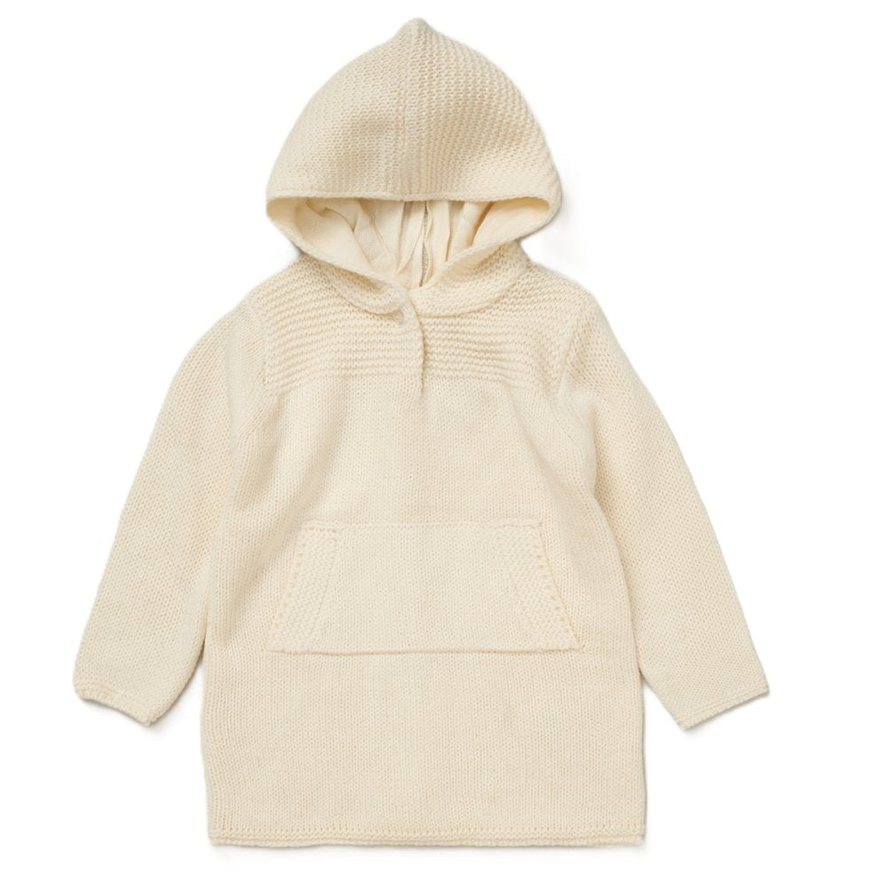 A cream-colored knit hooded sweater with a textured pattern, long sleeves, and a front kangaroo pocket, shown against a plain white background.