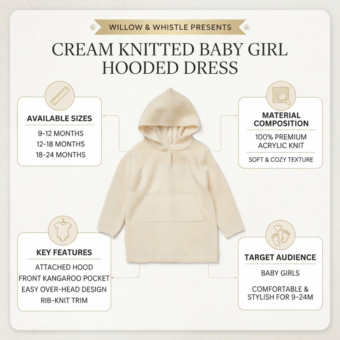 A cream-colored knitted baby girl hooded dress is centered on a light beige infographic background with text callouts about available sizes, material composition, key features, and target audience. The brand name 'WILLOW & WHISTLE PRESENTS' appears at the top.