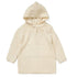 A cream-colored knit hooded sweater with a textured pattern, long sleeves, and a front kangaroo pocket, shown against a plain white background.