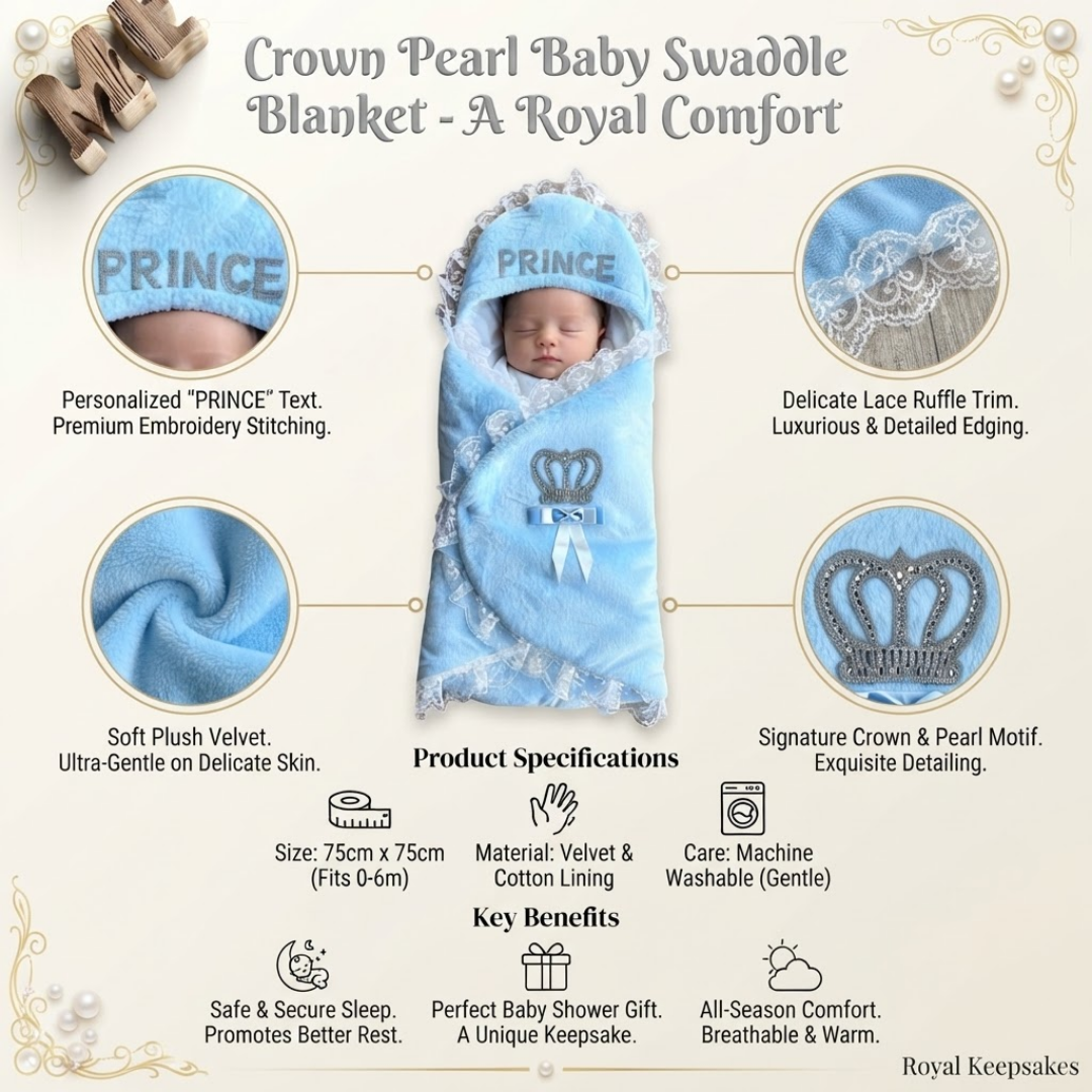A baby swaddle blanket in light blue with a hood, shown wrapped around a sleeping baby in the center of an infographic. The image includes four circular detail callouts showing embroidery, lace trim, plush texture, and crown motif, along with product specifications and key benefits.