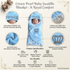 A baby swaddle blanket in light blue with a hood, shown wrapped around a sleeping baby in the center of an infographic. The image includes four circular detail callouts showing embroidery, lace trim, plush texture, and crown motif, along with product specifications and key benefits.