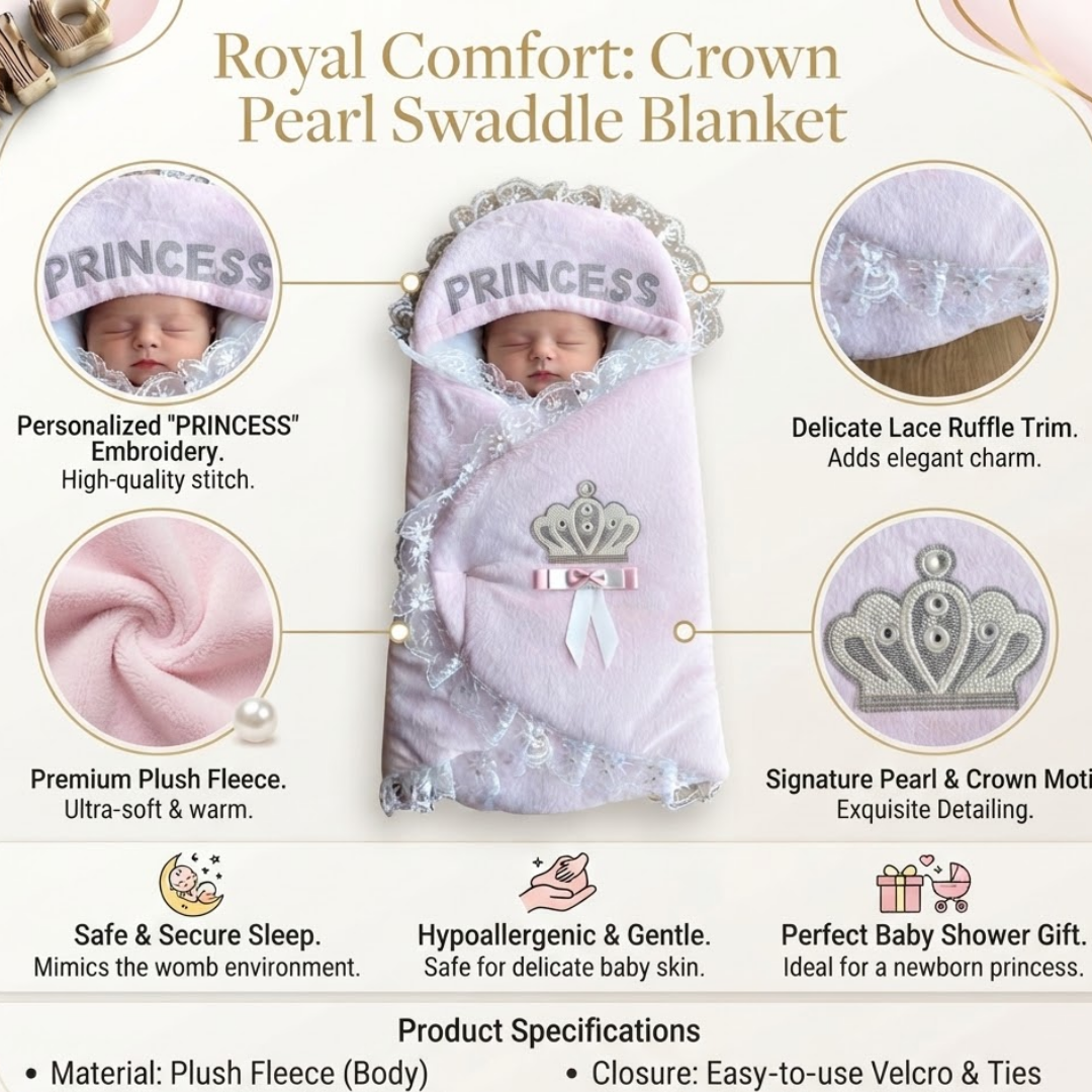 A baby swaddled in a light pink plush blanket with lace trim and a crown motif, shown on an infographic-style product page. The page includes text callouts for embroidery, lace trim, plush feel, safe sleep, hypoallergenic comfort, and product specifications.