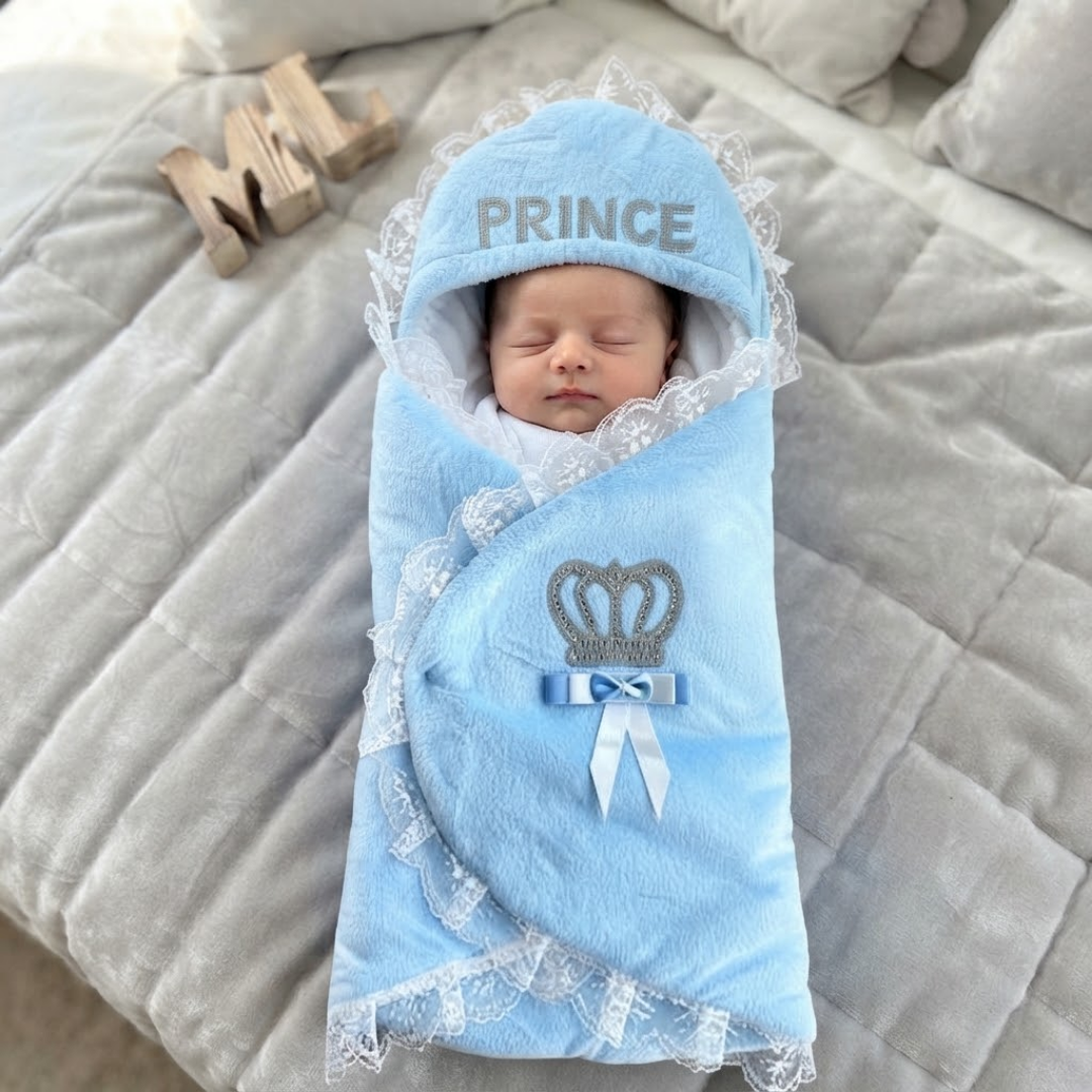 A sleeping newborn baby wrapped in a light blue plush swaddle blanket with lace trim, featuring a hood with 'PRINCE' embroidered on it, a silver crown motif, and a blue and white ribbon bow. The baby is lying on a gray quilted blanket.
