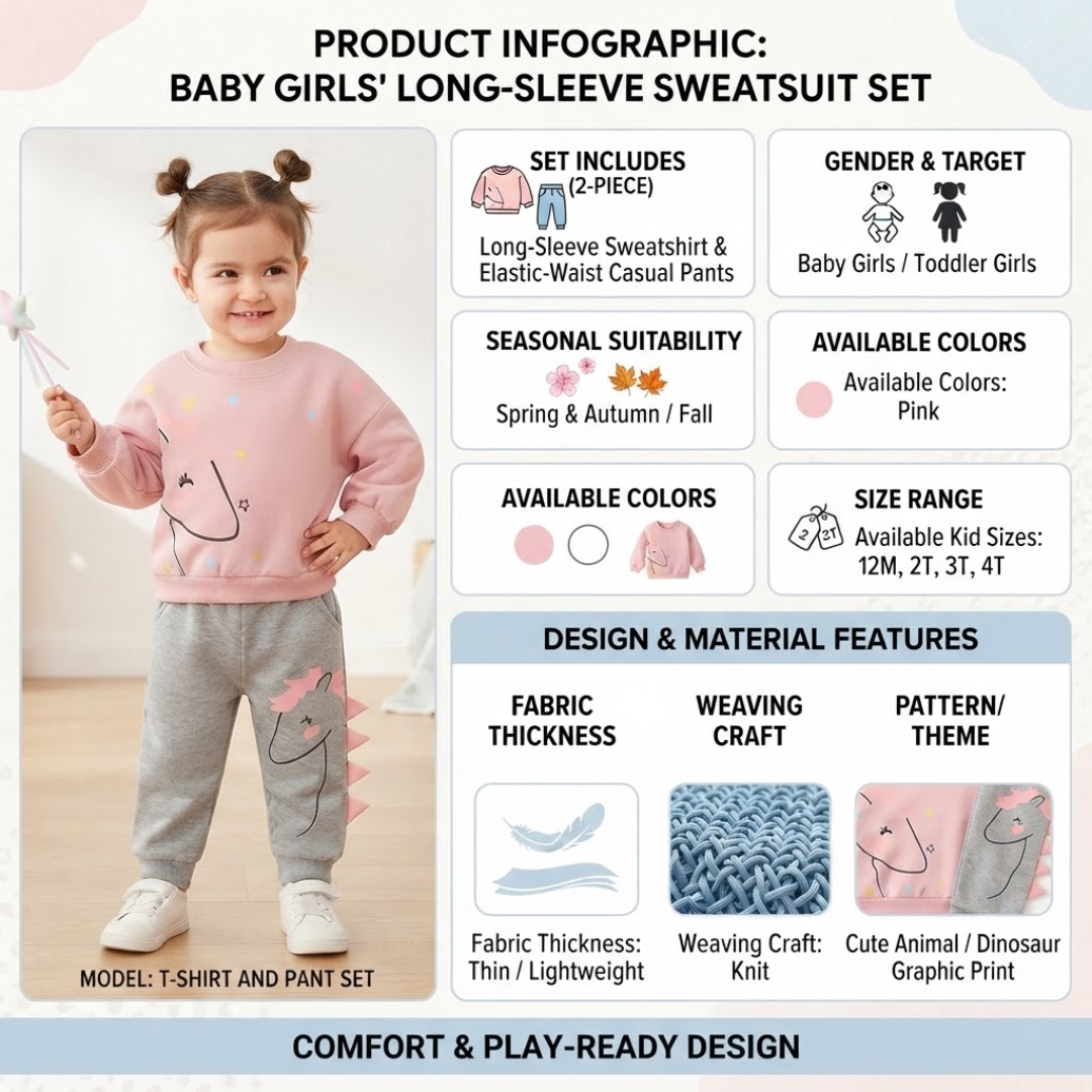 Product infographic for a baby girl's long-sleeve sweatsuit set, featuring a model wearing a pink sweatshirt and gray pants, alongside text detailing the set contents, seasonal suitability, available colors, size range, and fabric/material features.