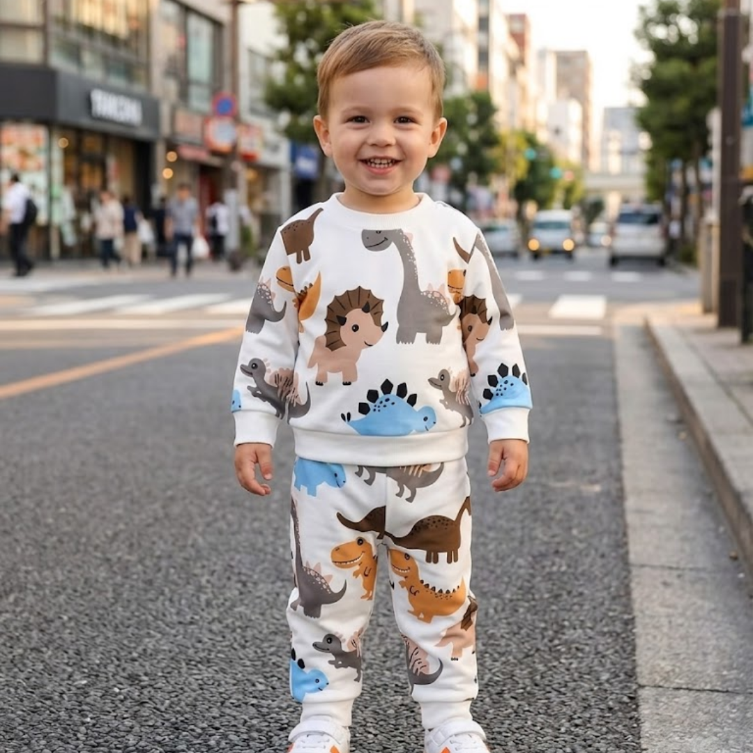 Child wearing a dinosaur-themed outfit on a city street
