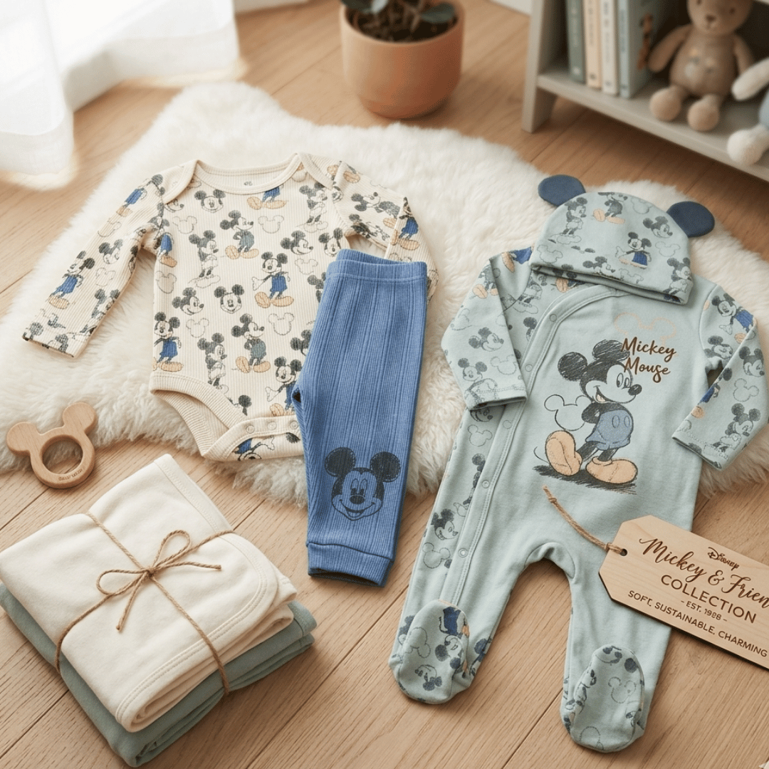 Baby clothing set with Mickey Mouse design on a wooden floor.
