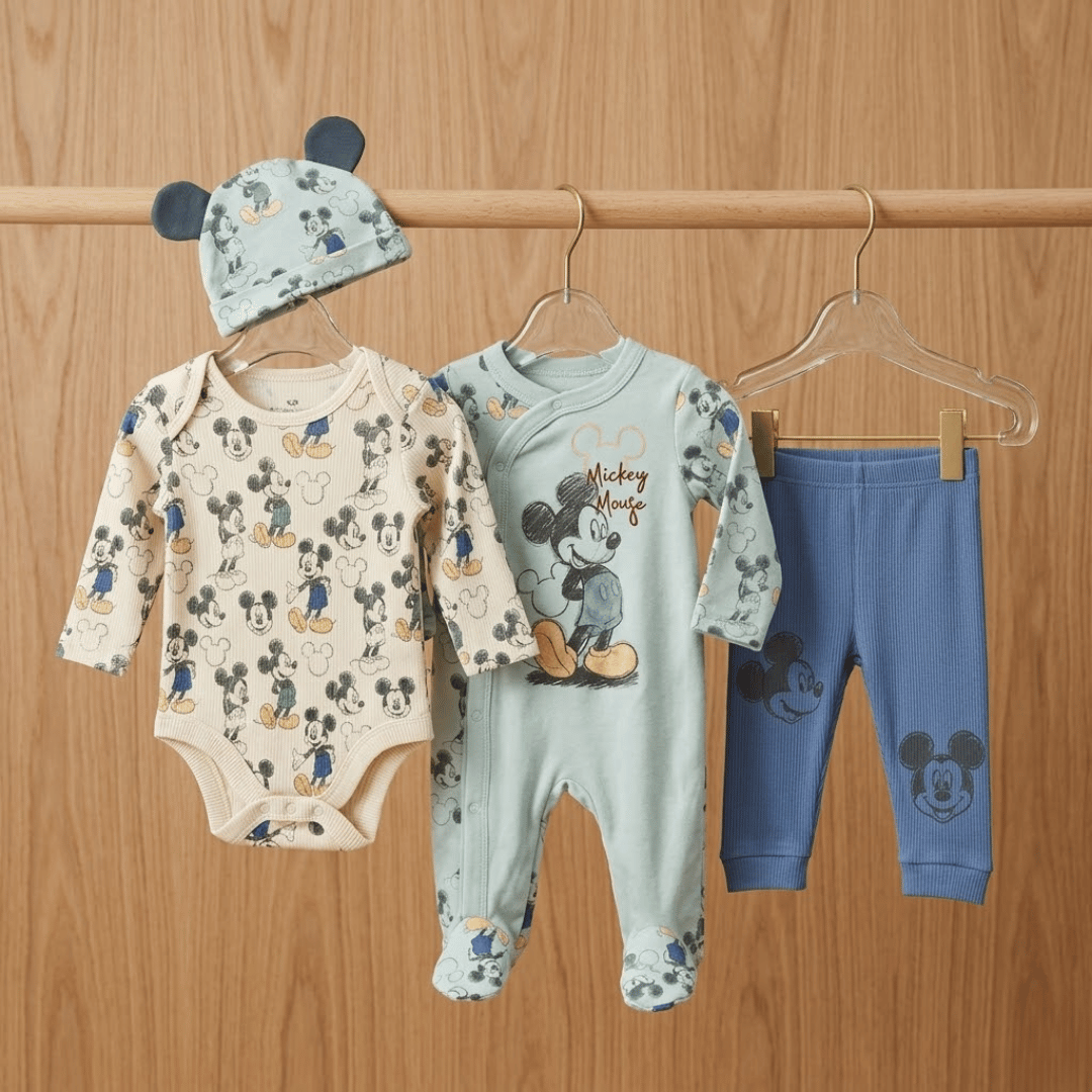 Baby clothing set with Mickey Mouse design on a wooden background