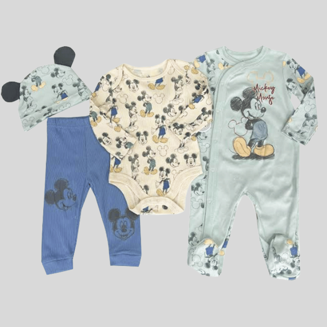 Set of baby clothing with Mickey Mouse design on a light gray background