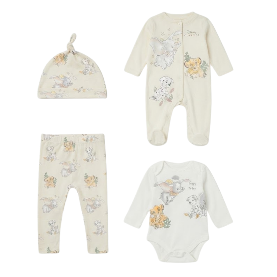 A 4-piece baby clothing set featuring a long-sleeve footless one-piece, matching pants, a knotted beanie, and a long-sleeve footed one-piece, all in a soft cream color with a printed pattern of cartoon animals and flowers.