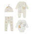 A 4-piece baby clothing set featuring a long-sleeve footless one-piece, matching pants, a knotted beanie, and a long-sleeve footed one-piece, all in a soft cream color with a printed pattern of cartoon animals and flowers.