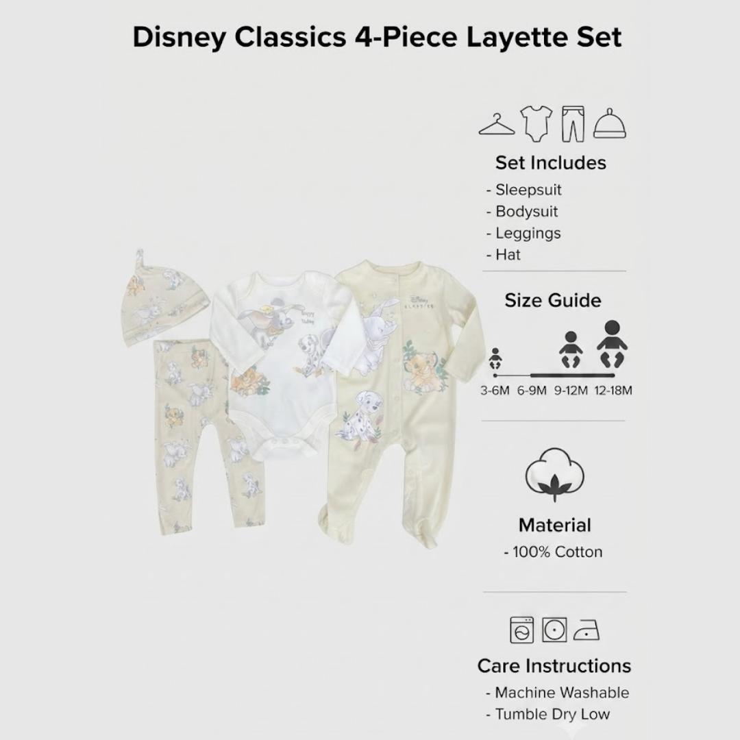 A 4-piece Disney Classics layette baby set laid out on a light gray background, with text listing set includes, size guide, material, and care instructions. The set includes a sleepsuit, bodysuit, leggings, and hat in pale cream and white with cartoon character prints.