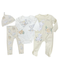 A 4-piece baby clothing set featuring a white long-sleeve bodysuit, a cream footed one-piece, matching cream leggings, and a matching cream bonnet, all decorated with Disney Dumbo illustrations on a white background.