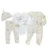 A 4-piece baby clothing set featuring a white long-sleeve bodysuit, a cream footed one-piece, matching cream leggings, and a matching cream bonnet, all decorated with Disney Dumbo illustrations on a white background.